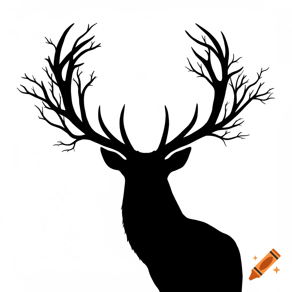 A black silhouette of a deer's head with antlers resembling tree branches, against a white background.