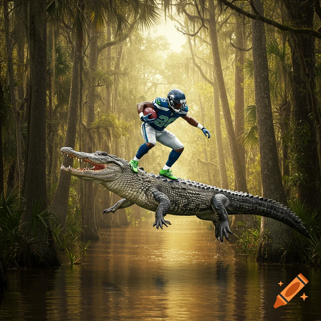 A football player in a blue and green jersey rides a jumping alligator over water in a swamp.