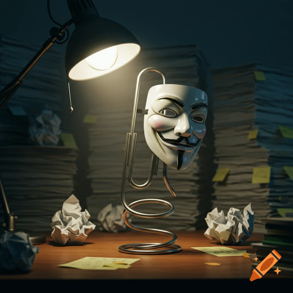 A photorealistic Guy Fawkes mask on a paperclip stand, illuminated by a desk lamp on a cluttered desk.