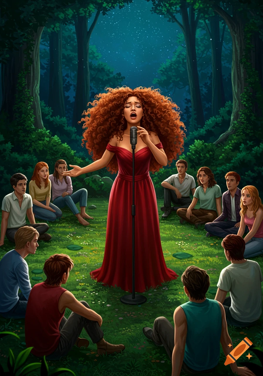 An illustration of a woman with large curly red hair singing into a microphone in a moonlit forest, surrounded by a group of people sitting and listening.