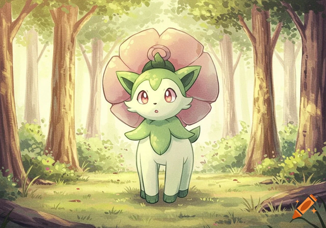 A cute green and light-colored Floragato with a large pink flower on its head stands in a sunlit forest, in an anime style.