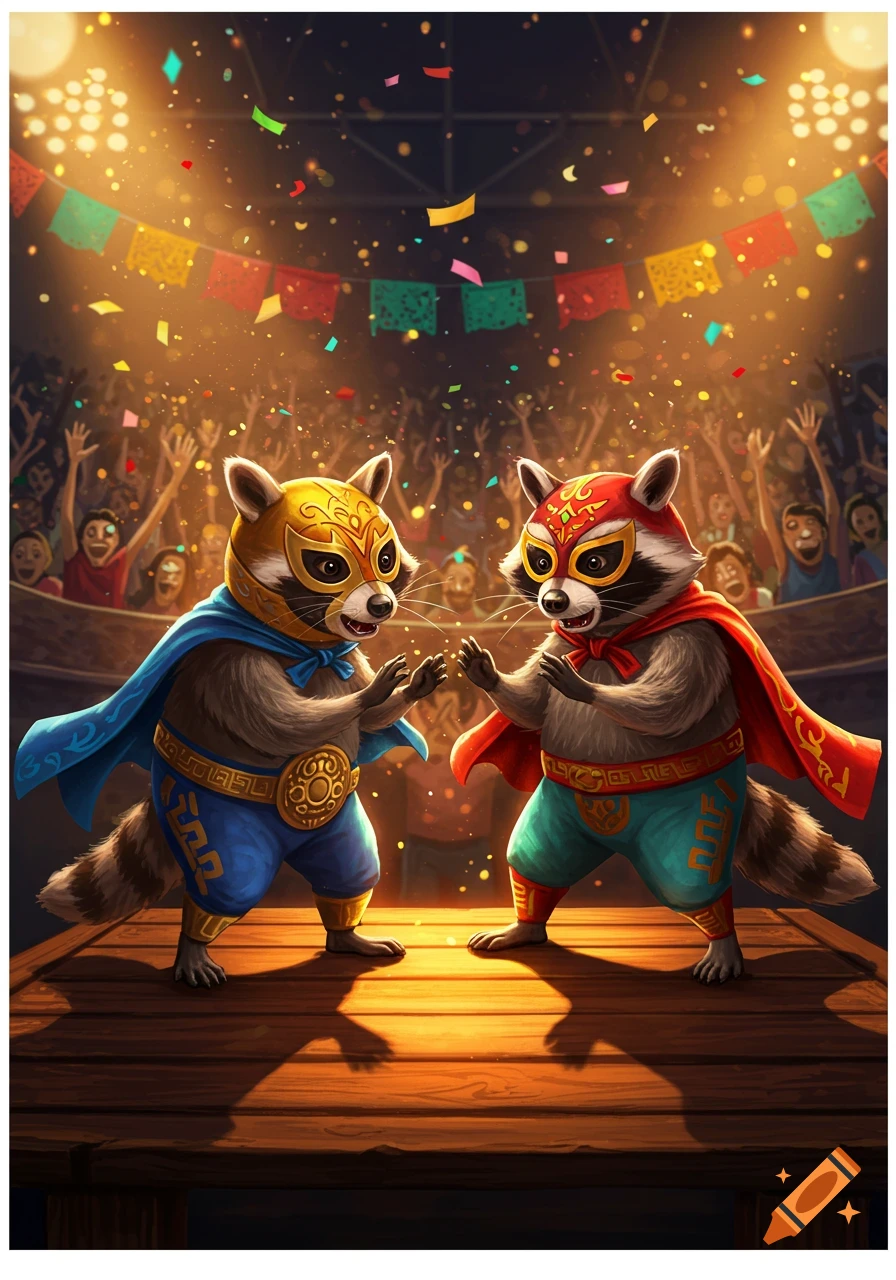 Two cartoon raccoons dressed as colorful luchador wrestlers stand on a wooden stage with a cheering crowd, confetti, and festive banners under bright spotlights.