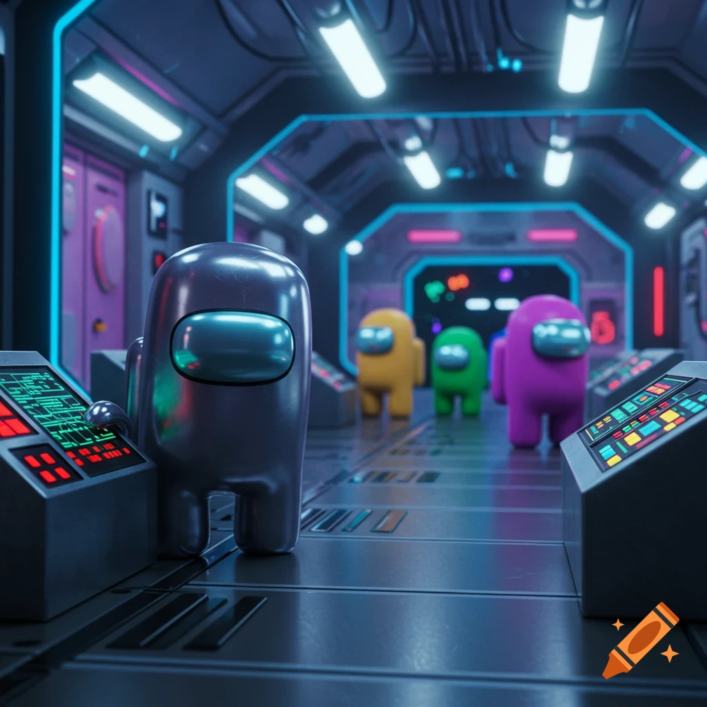 Several Among Us characters, including a metallic grey one at a control panel, inside a futuristic spaceship hallway with neon lights.