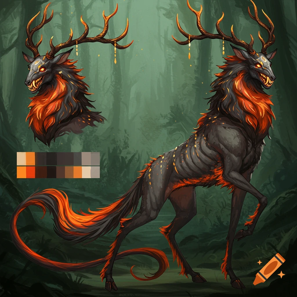 A dark fantasy creature resembling a deer with large horns, black and orange fur, glowing eyes, and sharp teeth.