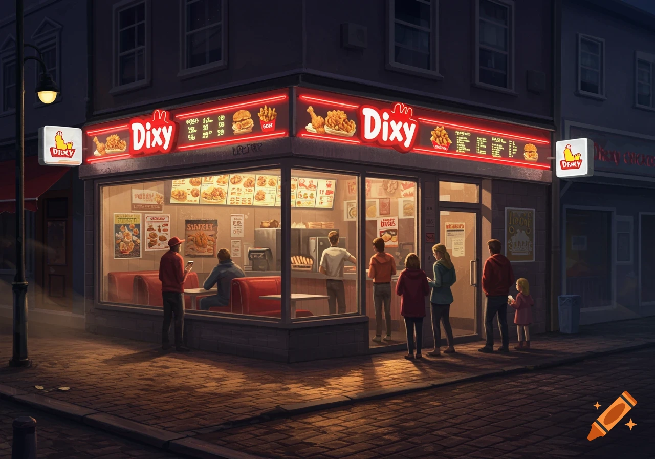 An illuminated Dixy Chicken fast-food restaurant at night, with people inside and queuing outside.