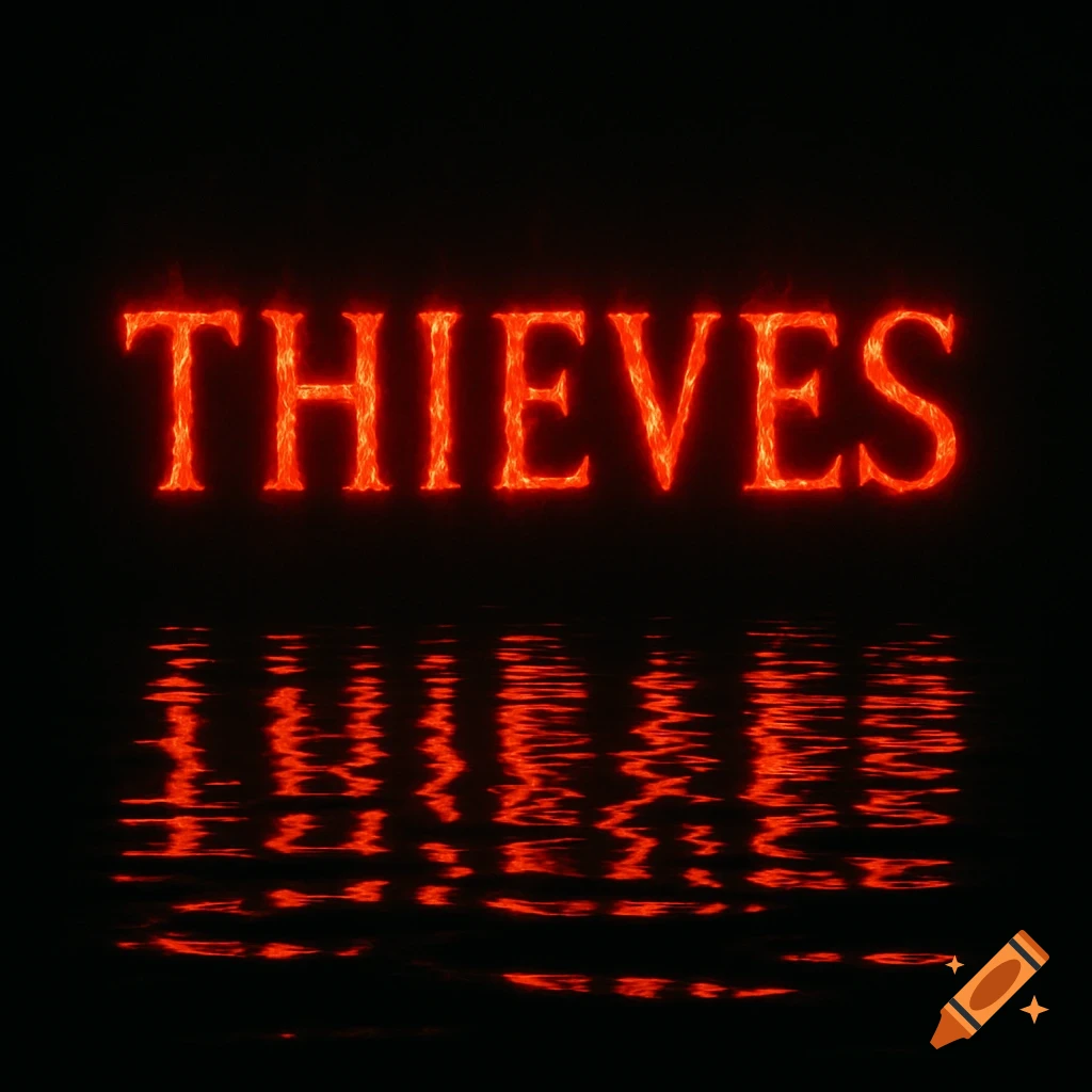 Red fiery glowing letters spelling THIEVES are reflected in rippling water on a black background.