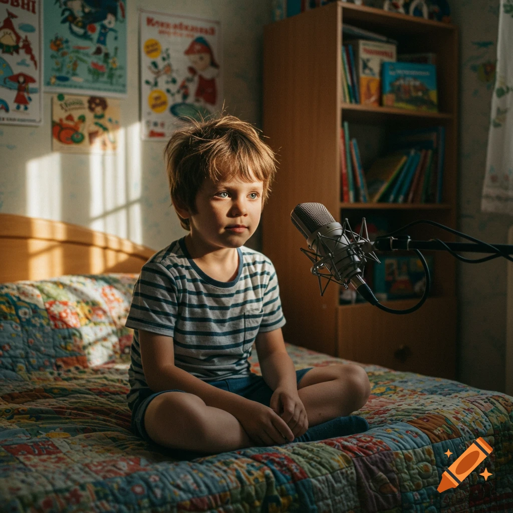 A young boy with tousled hair sits cross-legged on a colorful bed in a sunlit room, looking towards a microphone.