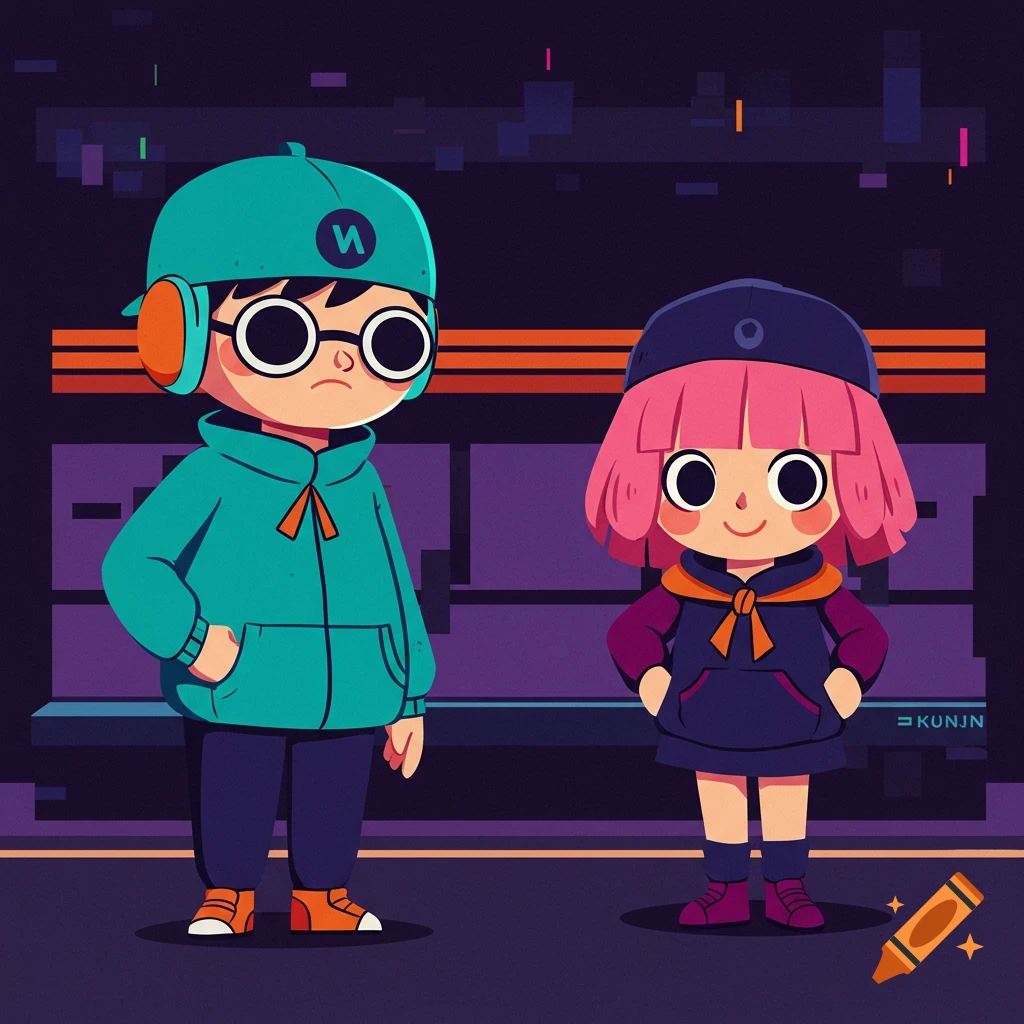 Two cartoon children, a boy in a teal hoodie and a girl with pink hair, stand against a dark, retro-futuristic background with orange stripes and pixel art elements.