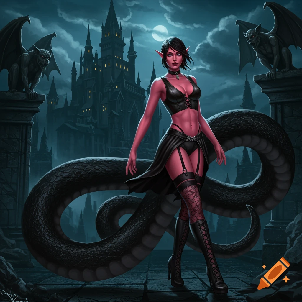 A pink-skinned female elf in black leather with a snake tail stands before a gothic castle under a full moon, flanked by gargoyles.