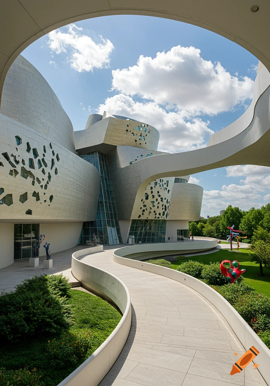 Photorealistic image of the futuristic Guggenheim-style museum building with winding walkways and green landscaping under a blue sky.