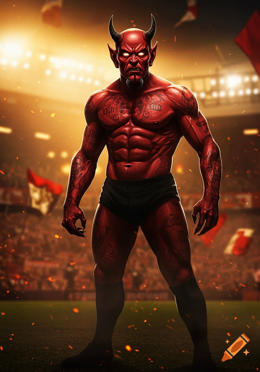 A muscular, red devil character with horns stands on a football field in a stadium.