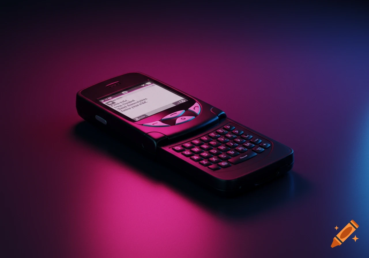A T-Mobile Sidekick LX phone with a slide-out keyboard under vibrant pink and blue neon lighting.