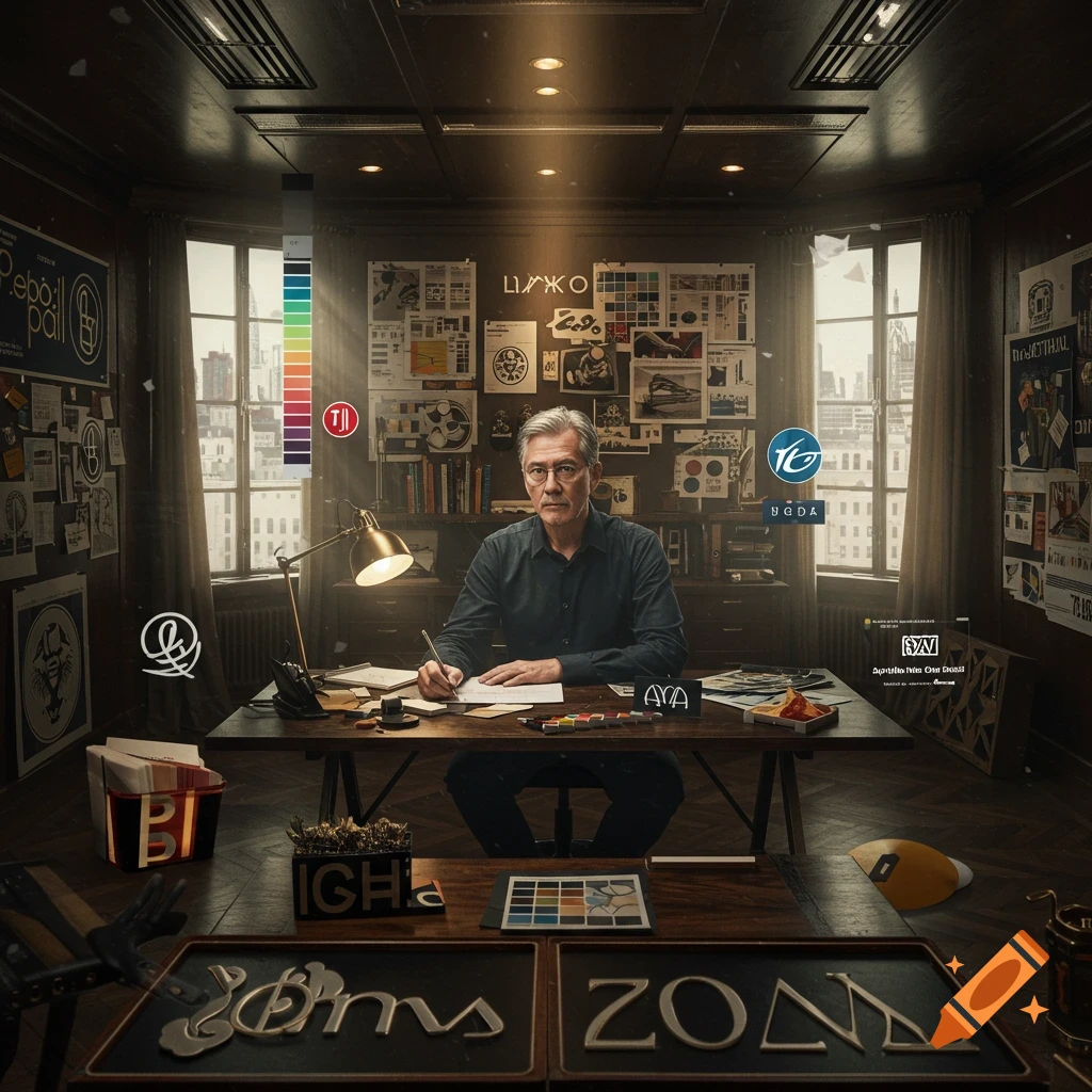 A distinguished graphic designer with gray hair and glasses sits at a cluttered wooden desk in his office, surrounded by posters, design elements, and color palettes. He holds a pen and looks towards the viewer. The office has large windows overlooking a city.