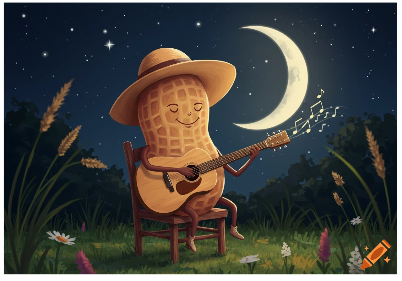 Cartoon peanut character playing an acoustic guitar under a crescent moon in a starry night field.