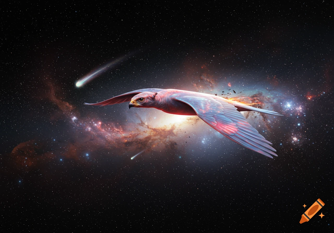 A featherless falcon with glowing red and blue highlights soars through a starry galaxy with comets.