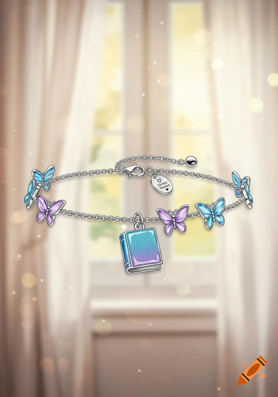 A silver bracelet with blue and purple butterfly charms and a blue and purple gradient book charm, set against a blurred sunlit window.