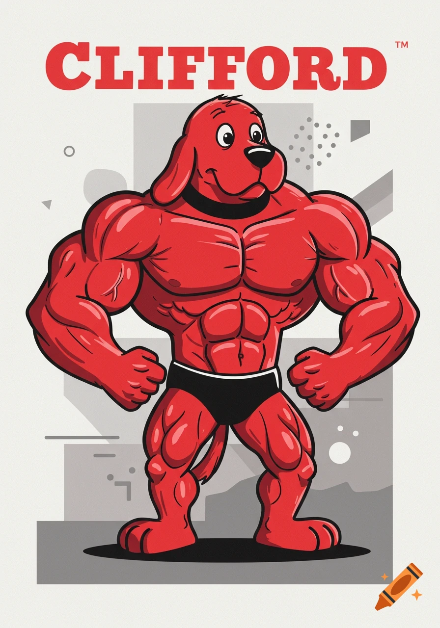An illustration of Clifford the big red dog, depicted as very muscular and buff, wearing a black speedo, against a light background.