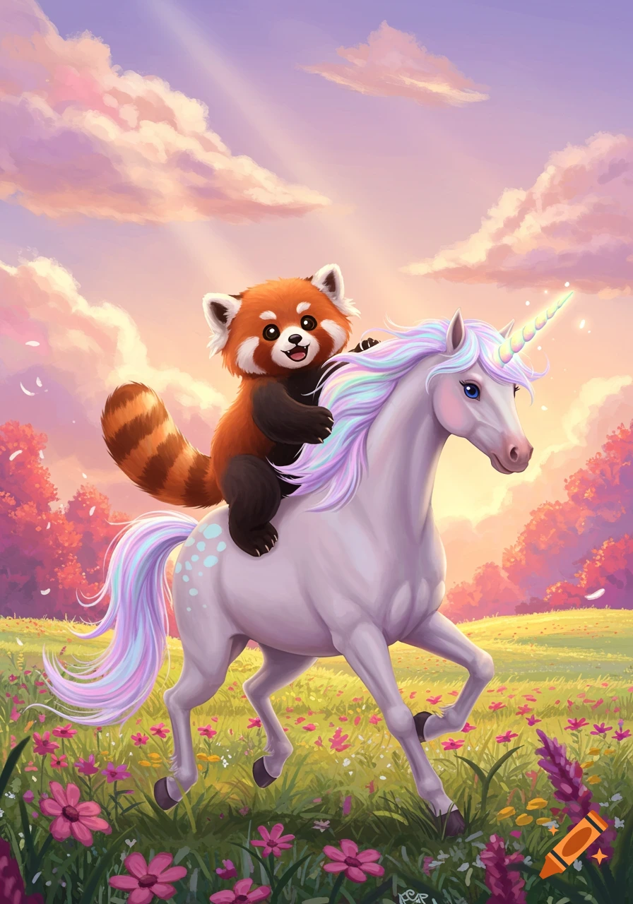 A cute cartoon red panda joyfully rides a unicorn through a vibrant, flowery meadow under a beautiful sunset sky.