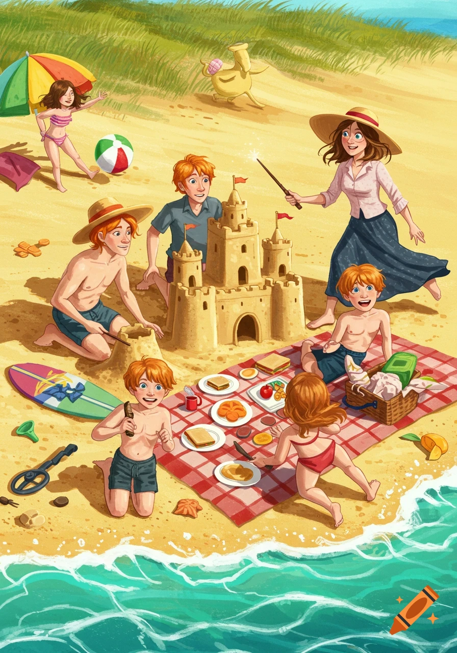 A cartoon illustration of a large, red-haired family playing on a sunny beach, building a sandcastle, and having a picnic.
