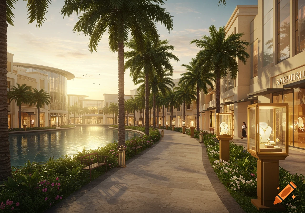 Photorealistic image of a luxury shopping center with palm trees, a canal, and jewelry displays under a golden sky.