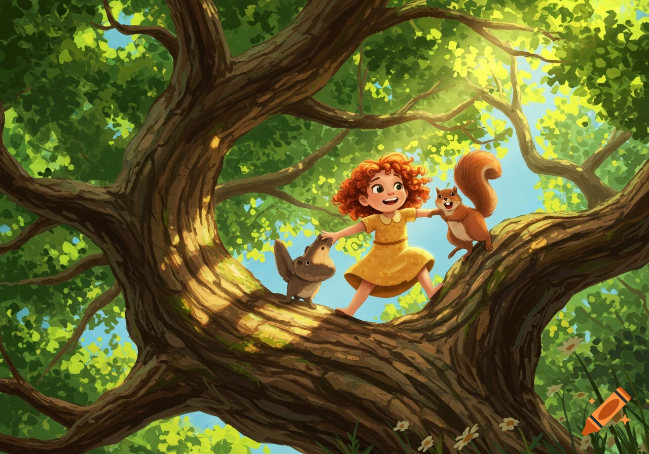 Cartoon illustration of a smiling girl with red hair climbing a sunlit oak tree with two squirrels.