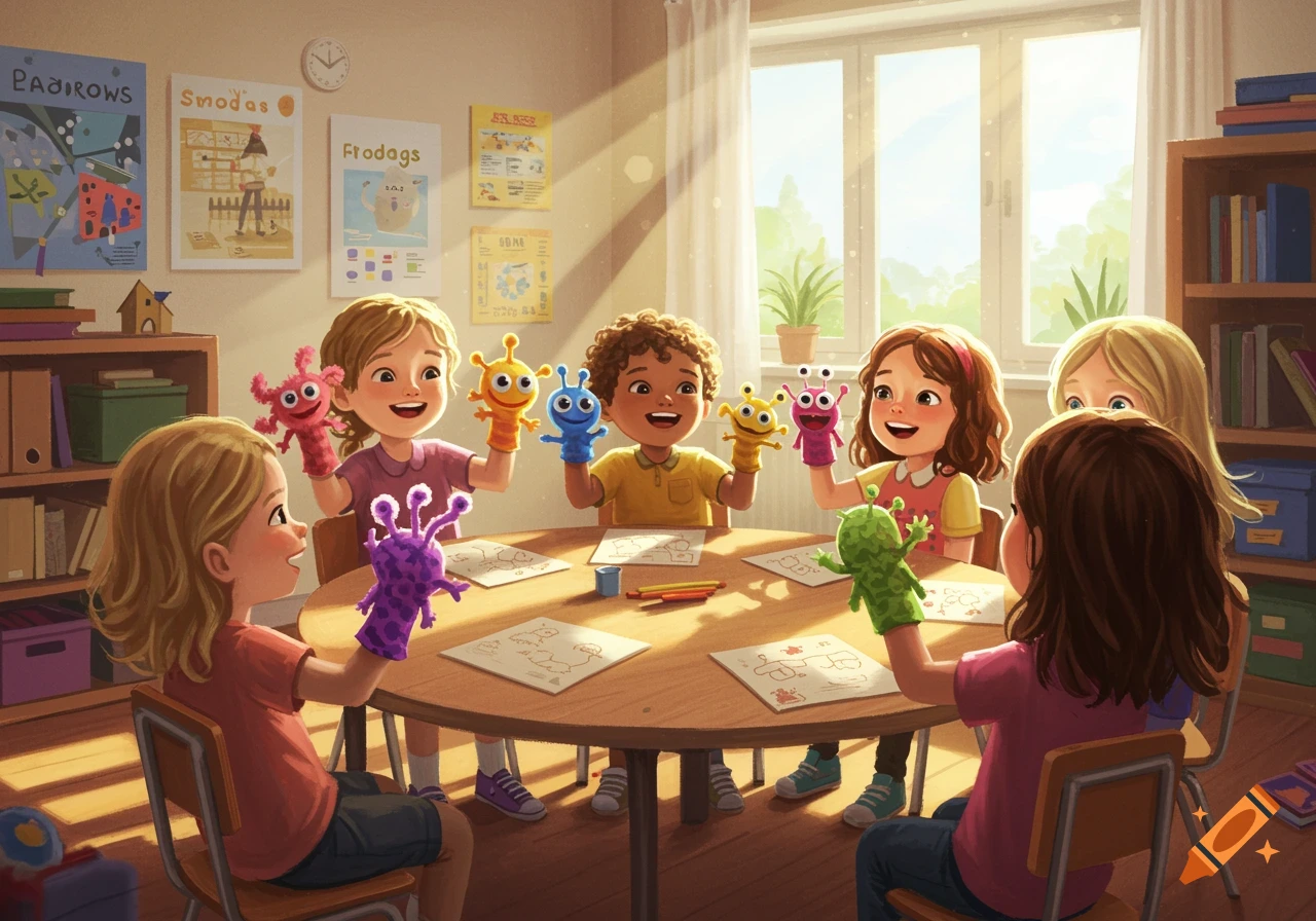 Children in a bright classroom playing happily with colorful alien finger puppets around a table, in an illustrative style.