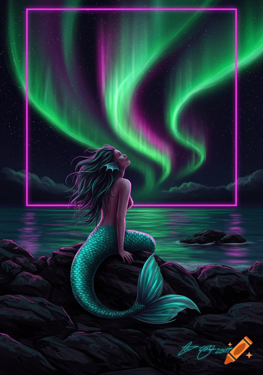 A vibrant digital art image of a mermaid on rocks by the water at night, looking up at bright green and pink Northern Lights framed by a neon square.