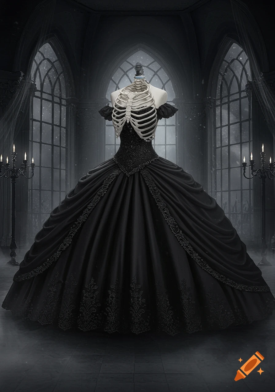A dramatic black quince dress on a mannequin with a ribcage torso, set in a dark gothic room with arched windows and lit candelabras.