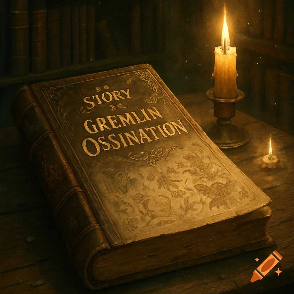An ancient, ornate book titled "Story Gremlin Ossination" illuminated by two flickering candles on a wooden table in a dimly lit room with bookshelves.