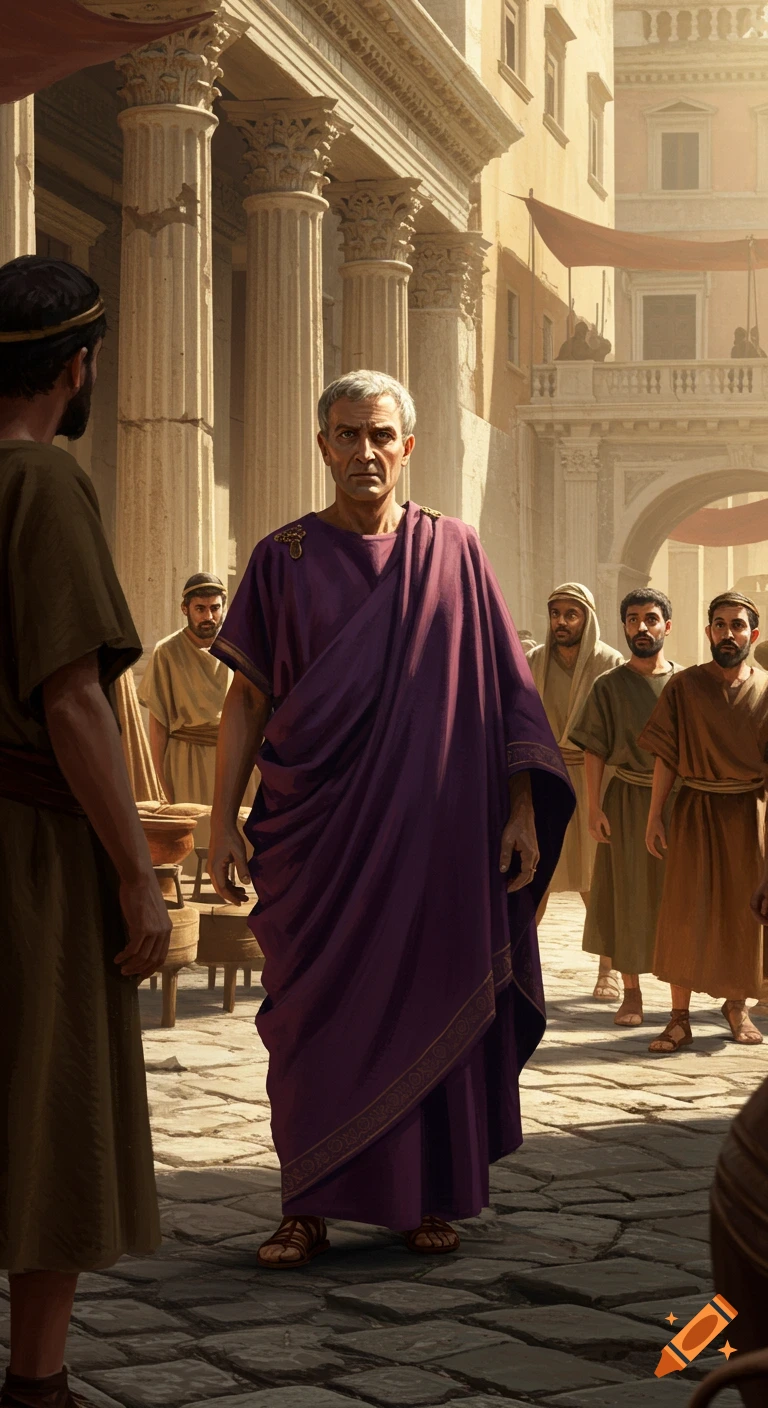 A Roman senator in a purple toga stands in a street among common people and classical architecture.