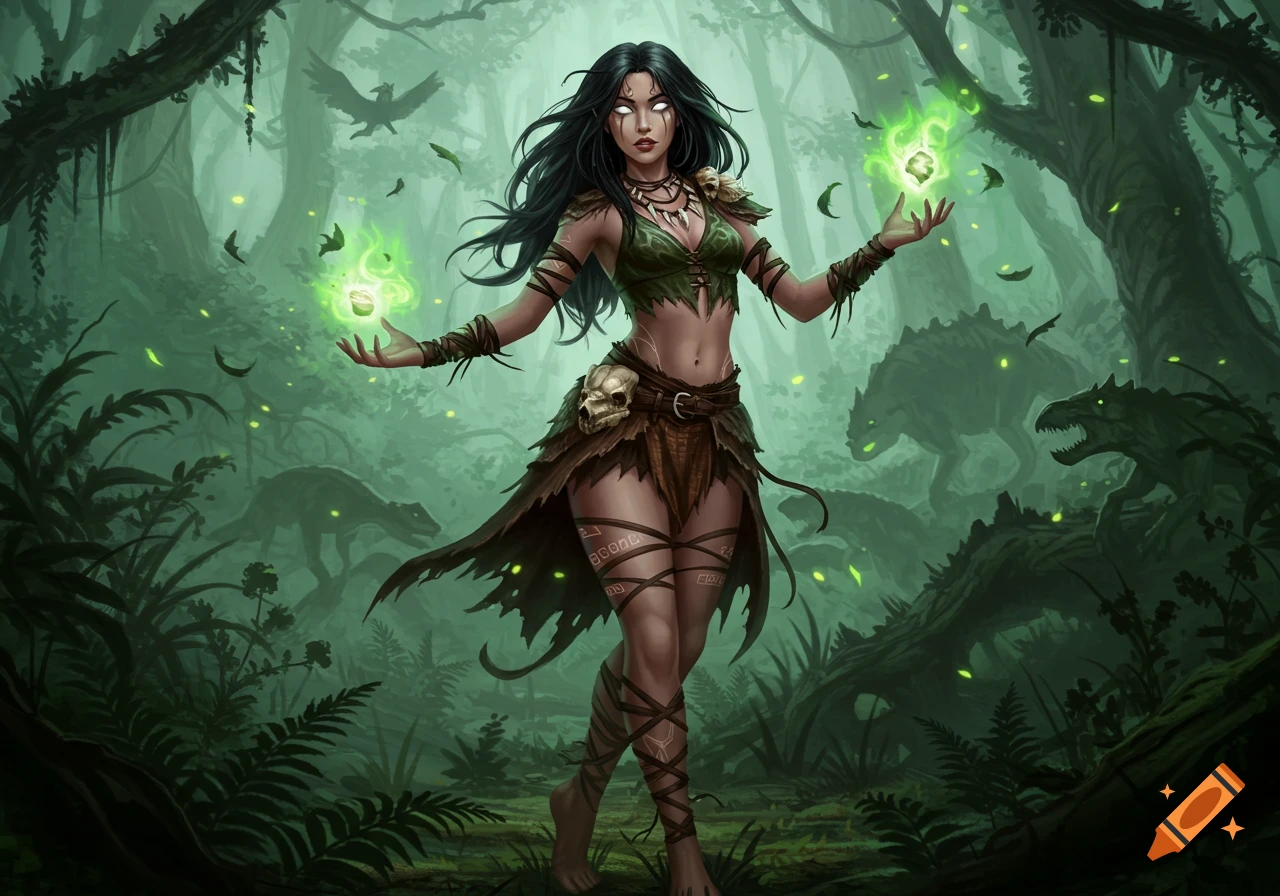A dark-haired elf sorceress with glowing white eyes stands in a misty jungle, holding green magic. Dinosaurs lurk in the background.