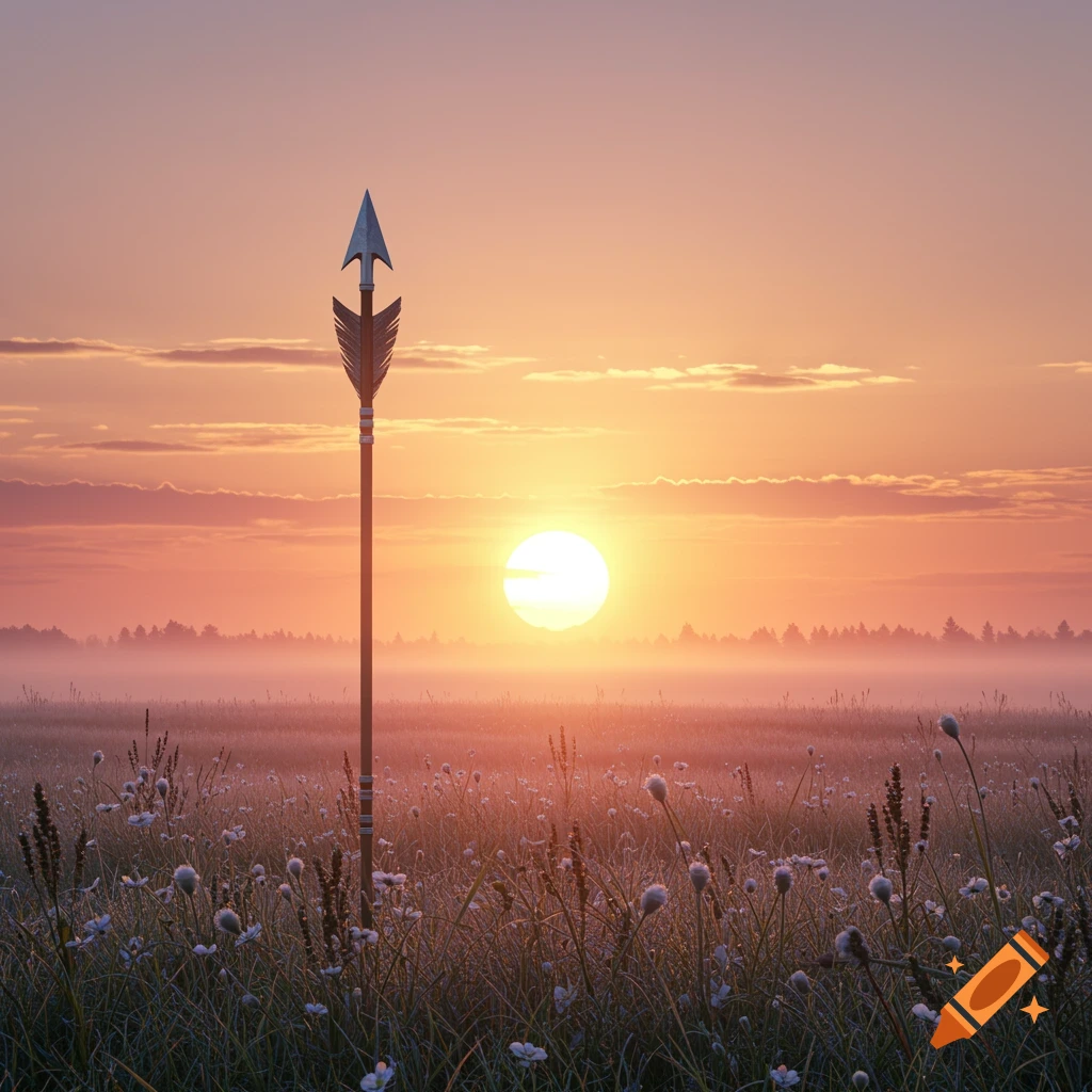 A large arrow stands upright in a misty field of white flowers and tall grass during a vibrant sunrise.