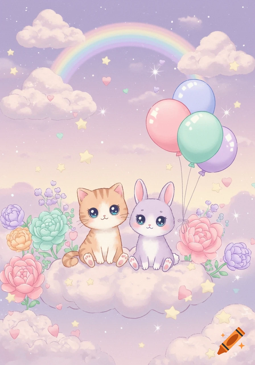 Kawaii illustration of a cute cat and rabbit sitting on a cloud, surrounded by pastel balloons, flowers, and a rainbow.