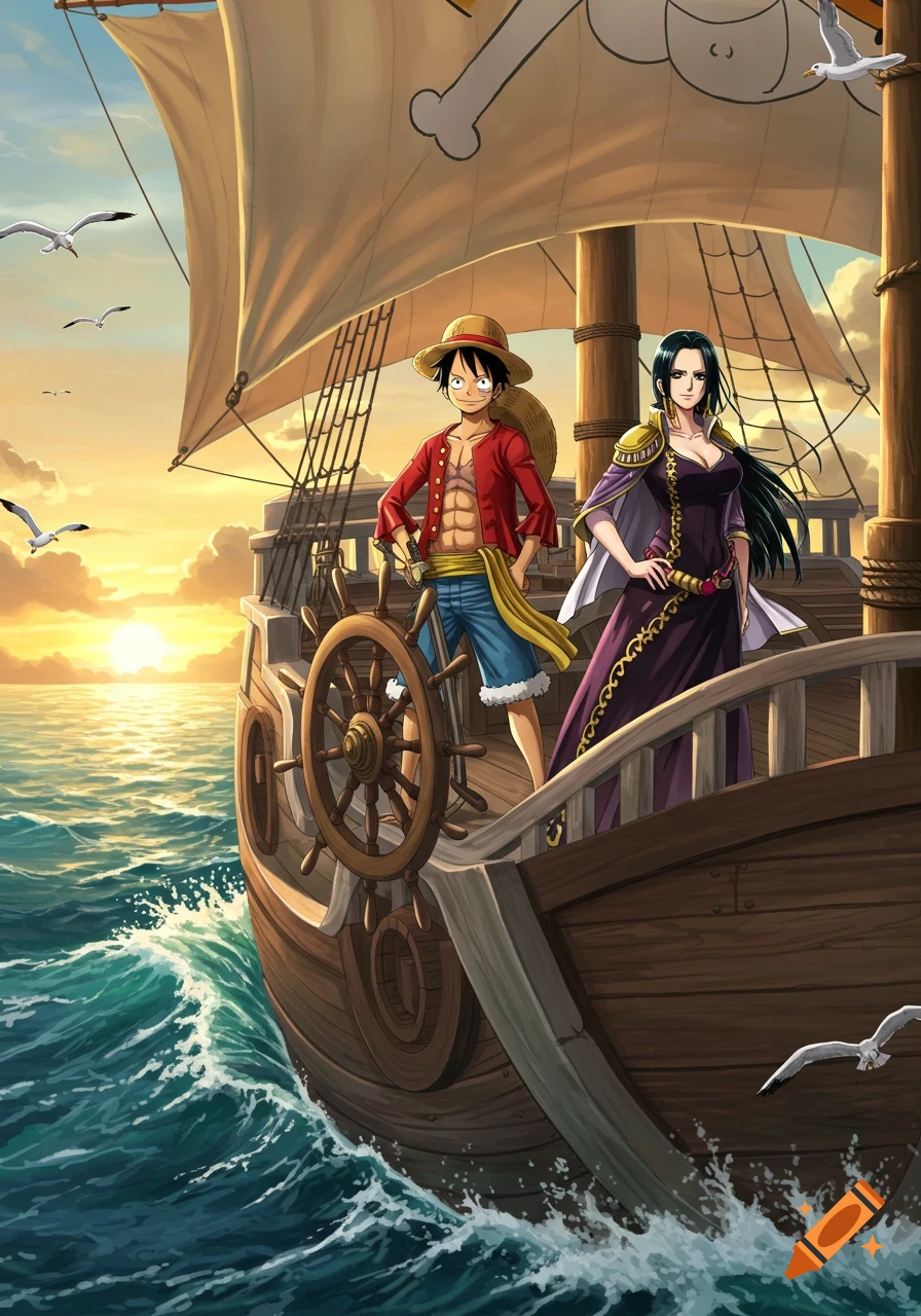 Luffy and Hancock on a pirate ship sailing a wavy ocean at sunset, with seagulls flying, in anime style.
