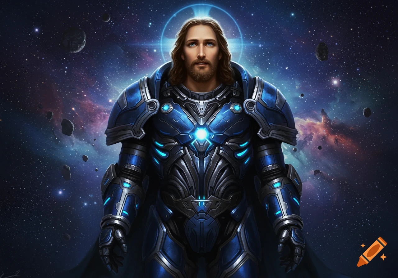 Jesus in a glowing blue sci-fi armored suit stands in a cosmic background with stars and asteroids.