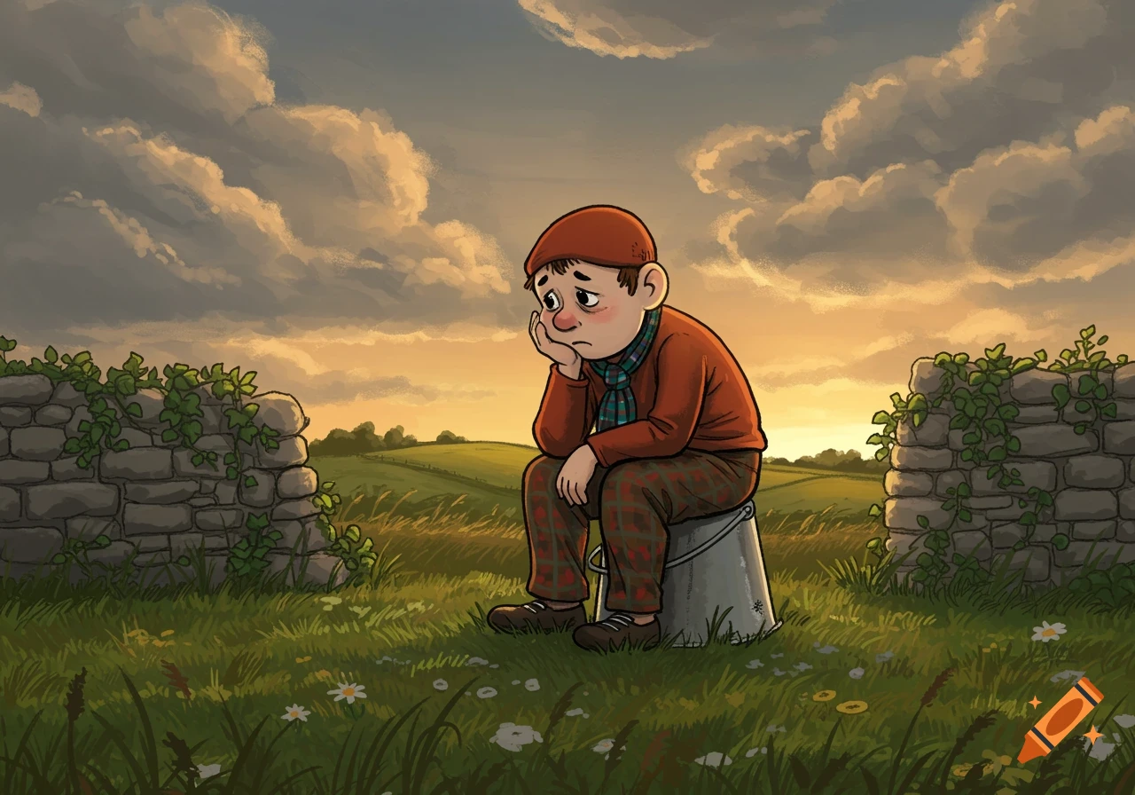 A sad cartoon boy in a red hat and sweater sits on a bucket in a grassy field with stone walls and a cloudy sunset sky.