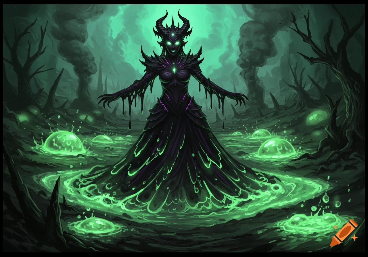 A demonic queen in dark, spiky armor stands in a glowing green slime swamp with twisted trees and smoke, in a dark fantasy illustration.