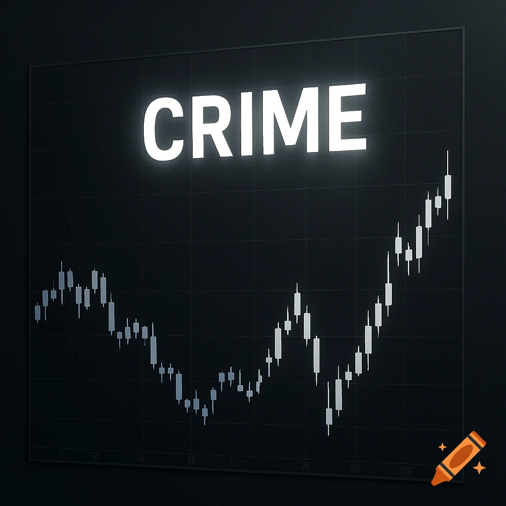 A dark candlestick chart showing an upward trend with the glowing white word "CRIME" displayed prominently at the top.