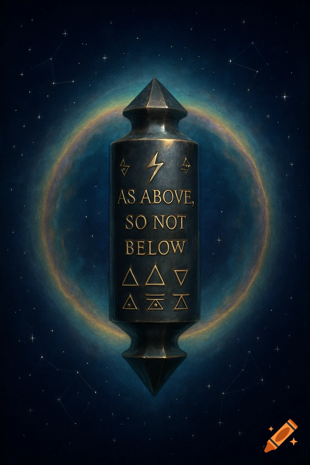 A dark, metallic, pointed object inscribed with 'AS ABOVE, SO NOT BELOW' and symbols, set against a starry sky with a colorful, ethereal ring.