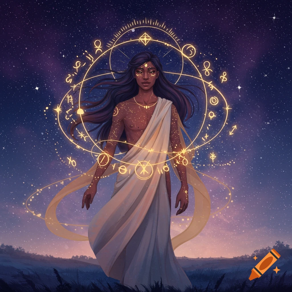 A mystical figure with long dark hair and a white toga stands under a starry sky, surrounded by glowing golden astrological symbols.