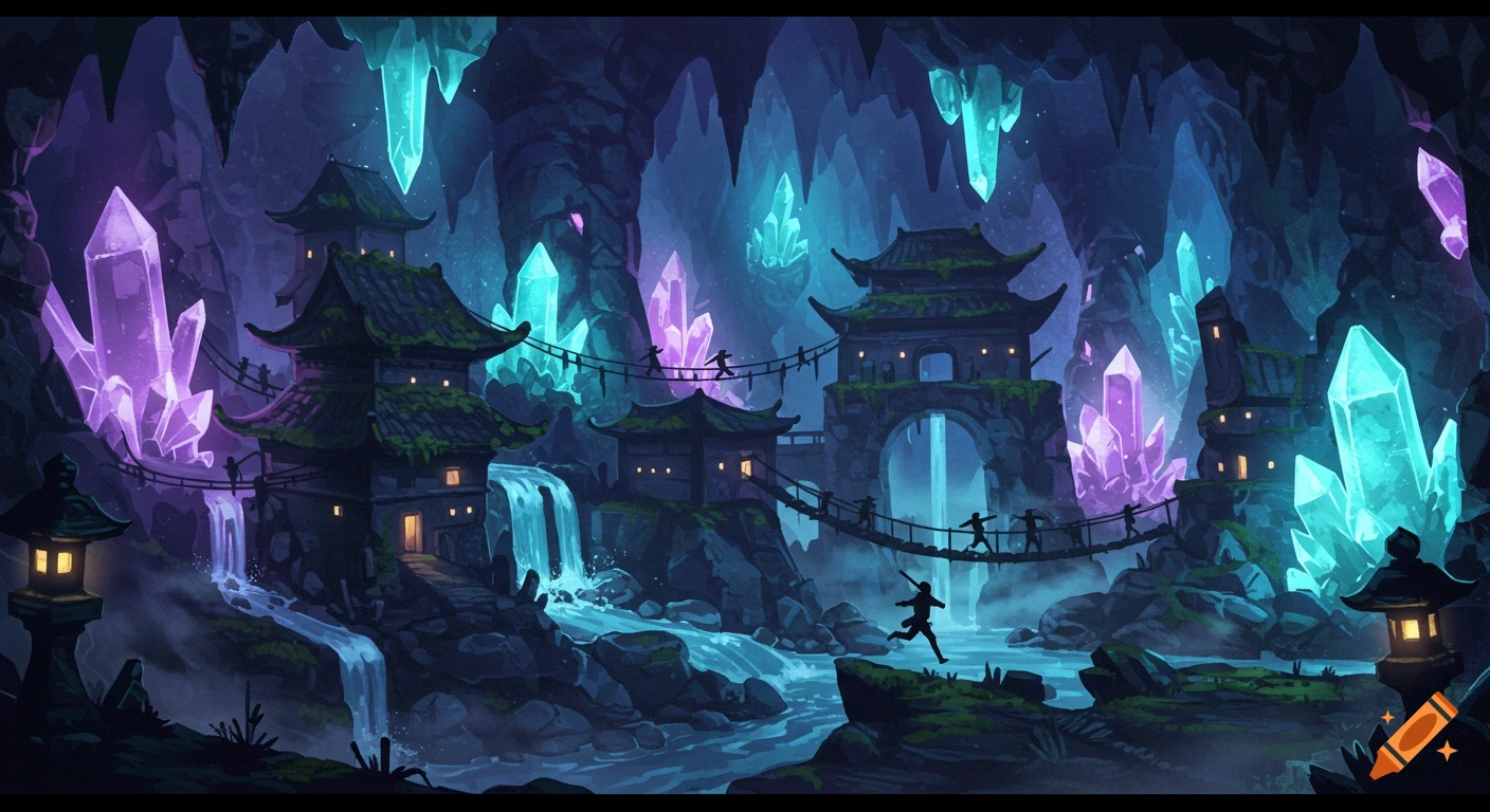 Anime fantasy landscape inside a cave with glowing crystals, waterfalls, Asian-style buildings, and silhouetted figures on bridges.