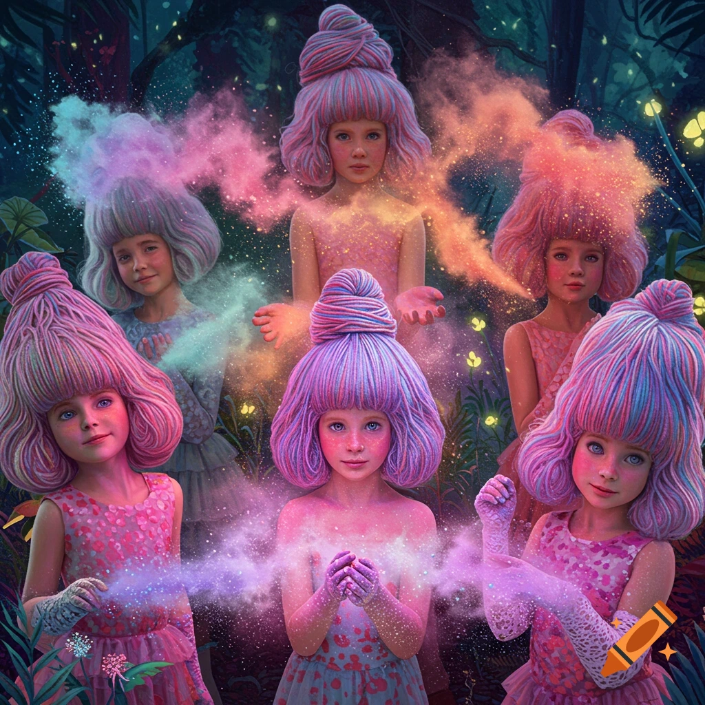 Six young girls with large, colorful yarn-like wigs and expressive eyes are surrounded by clouds of rainbow powder in a whimsical, dark forest setting.