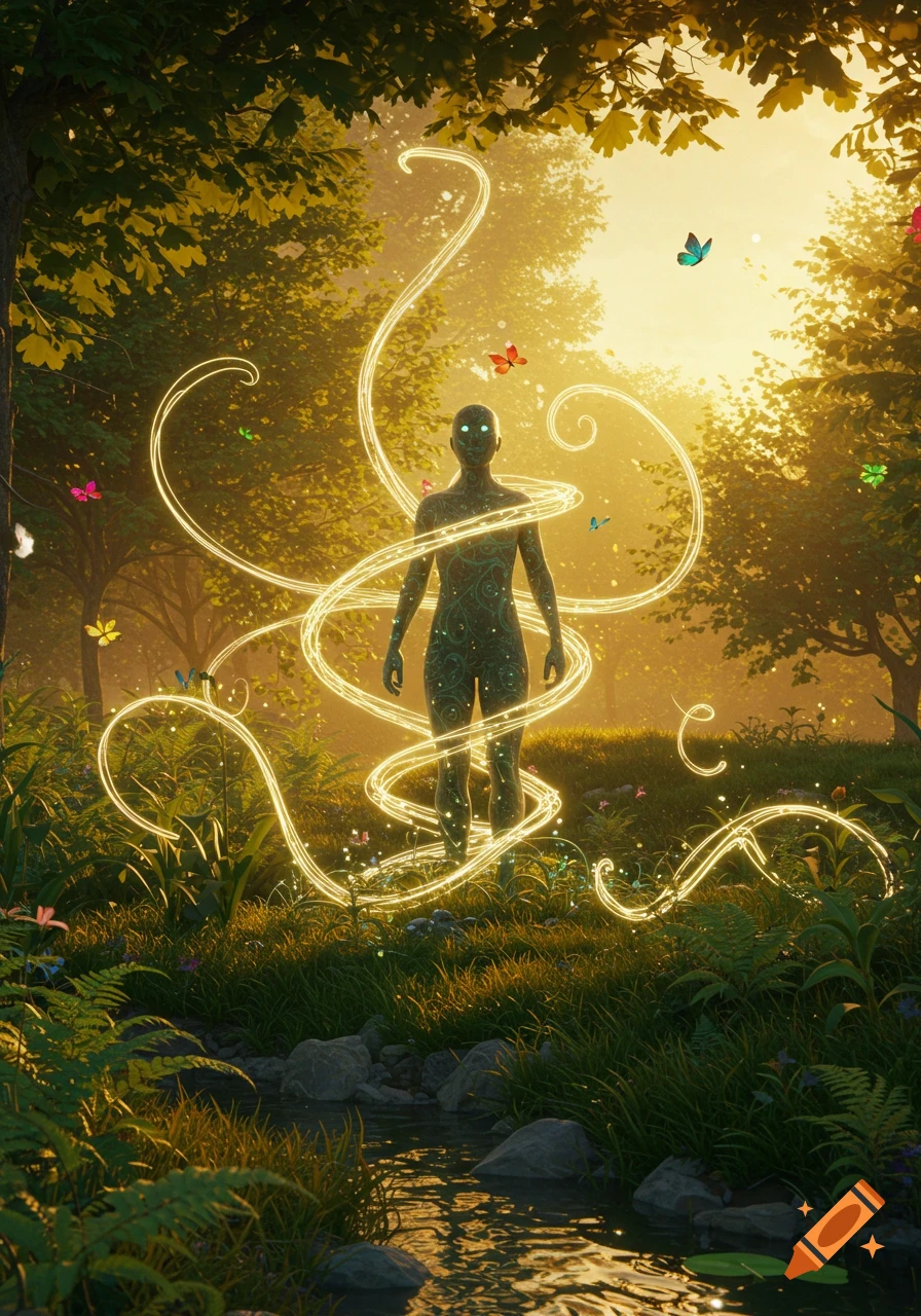 A glowing humanoid figure stands amidst wavy light trails and butterflies in a sunlit forest with a stream, rendered in a fantasy digital art style.