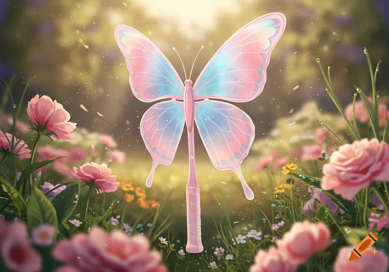 A vibrant butterfly-shaped tennis racket floats among pink and yellow flowers in a sunlit field, with sparkling light.