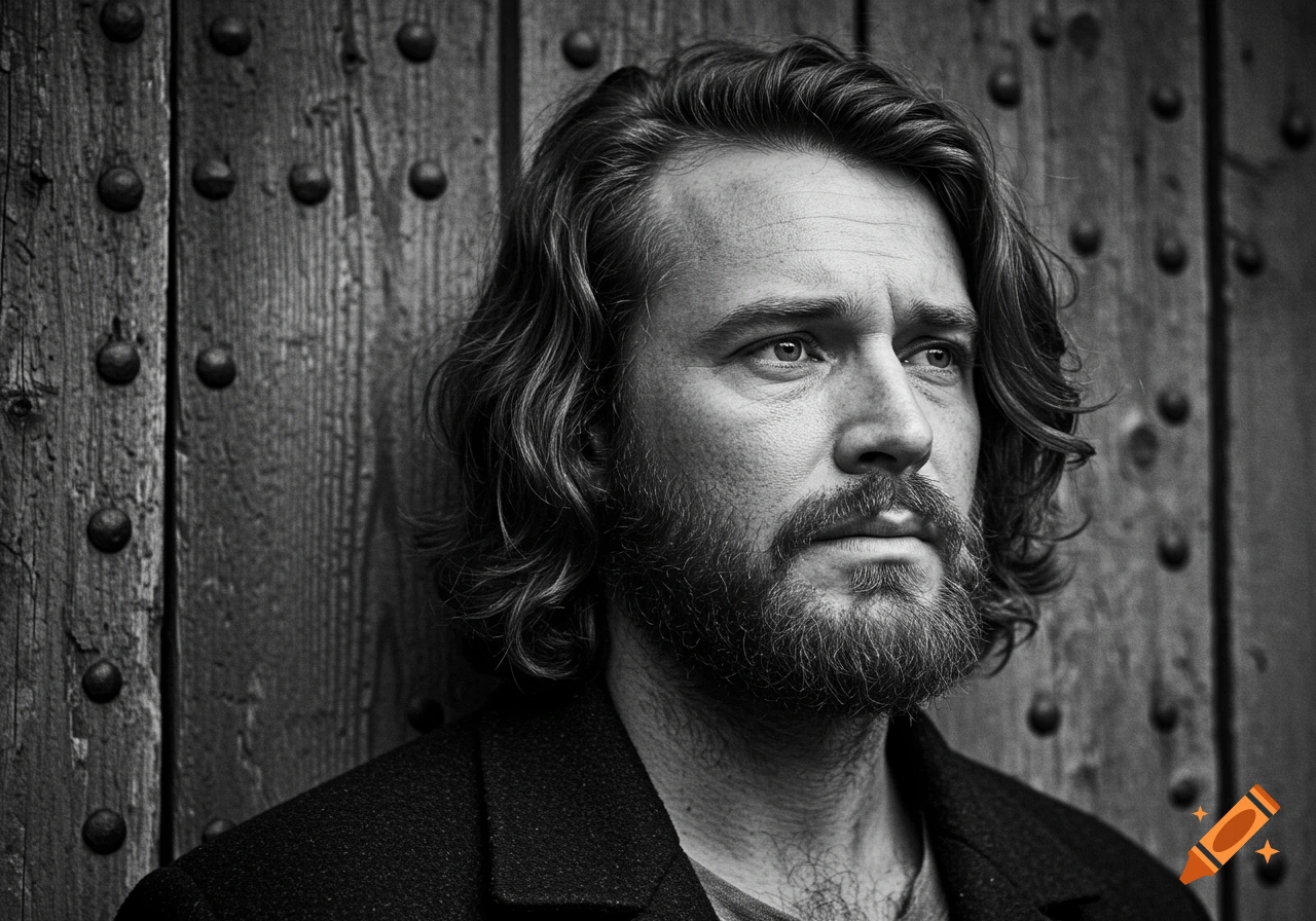 A close-up, black and white, photorealistic portrait of a worried man with shoulder-length wavy hair and a full beard, leaning against an old wooden door.