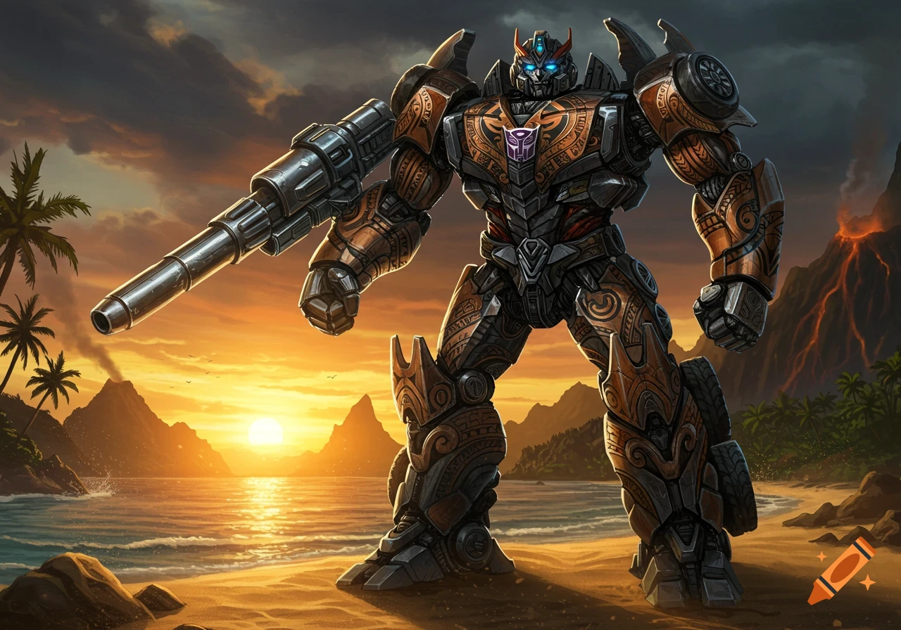 A powerful Samoan warrior-like Transformer, adorned with intricate tribal tattoos, stands on a tropical beach at sunset with a smoking volcano in the background. Digital art.