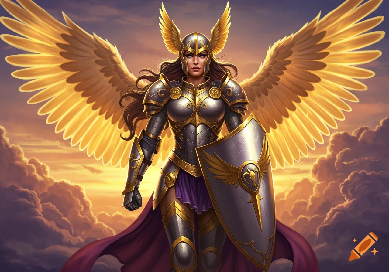 A powerful Valkyrie warrior in detailed gold and silver armor with large golden wings stands confidently against a sunset sky.