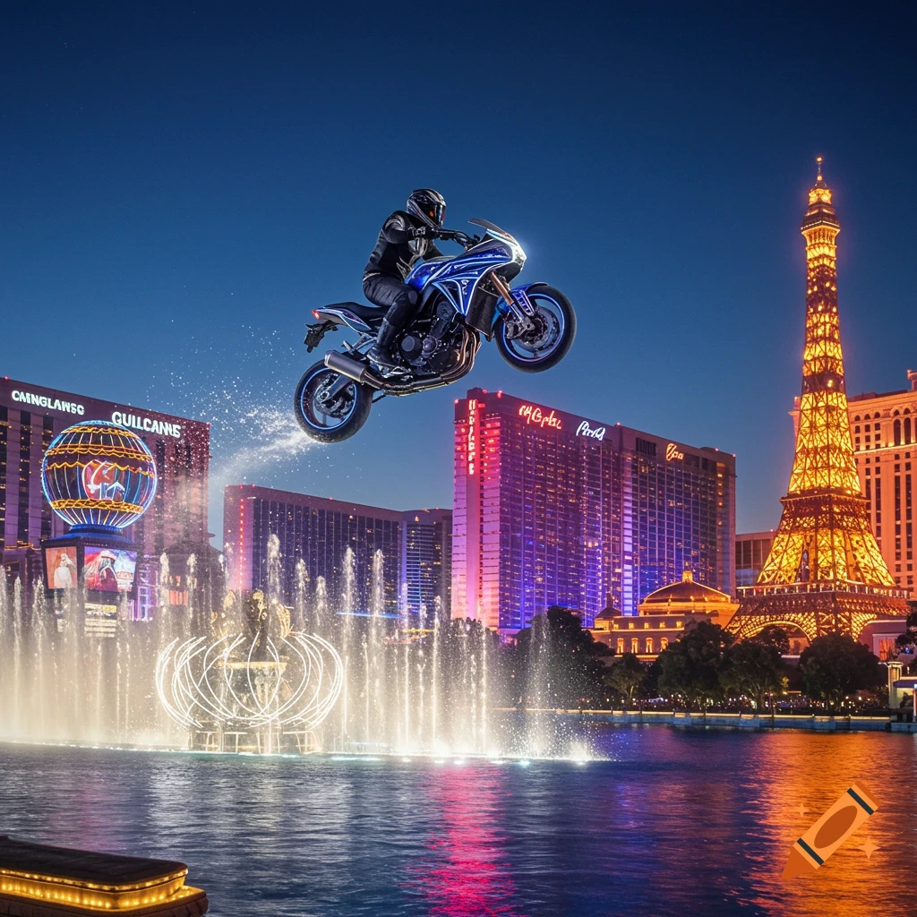 A stunt driver on a blue motorcycle jumps over a fountain in Las Vegas at night, with illuminated buildings and an Eiffel Tower replica in the background.