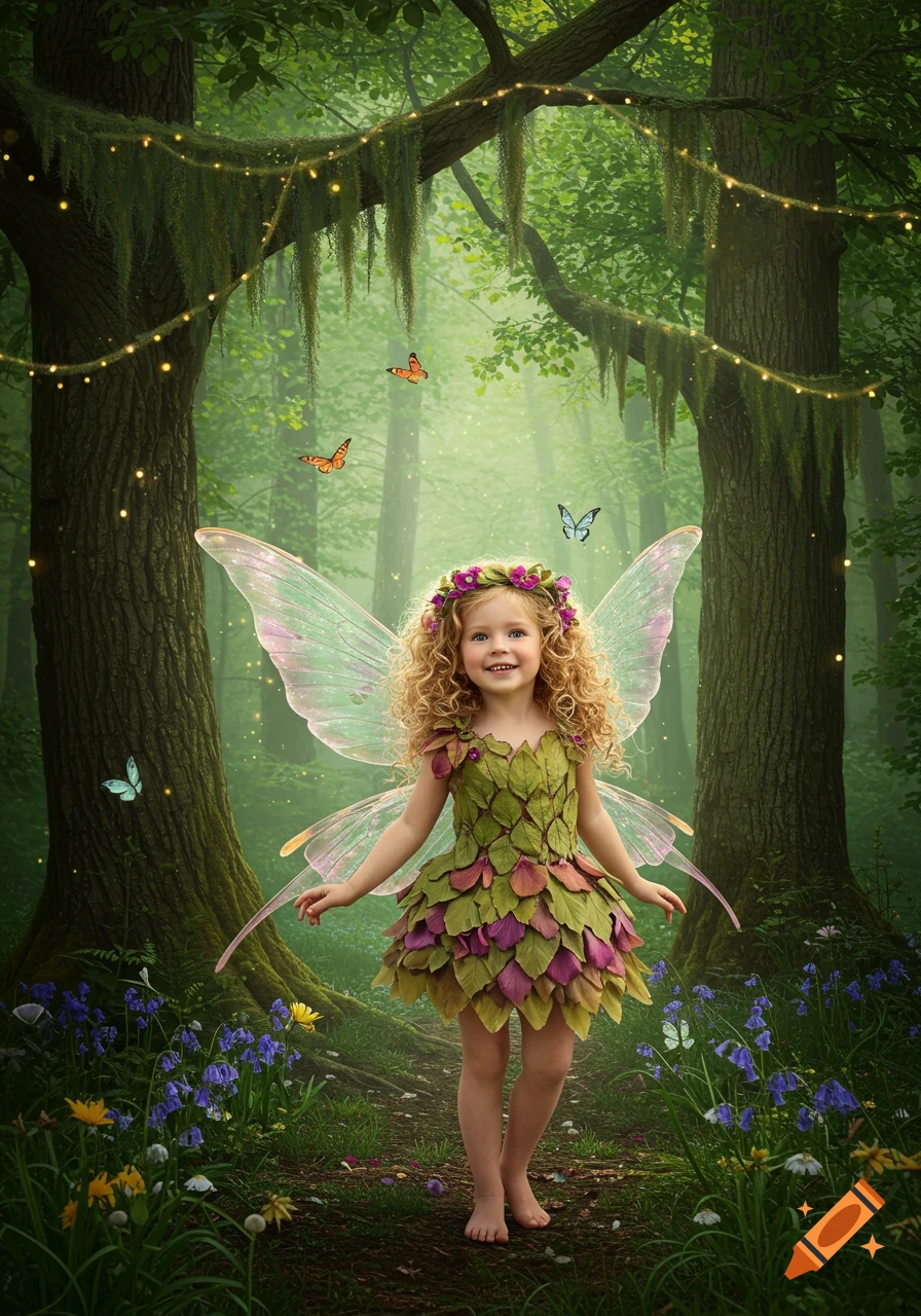 A smiling young girl fairy in a green leaf dress and sheer wings stands in an enchanted forest with butterflies and lights.