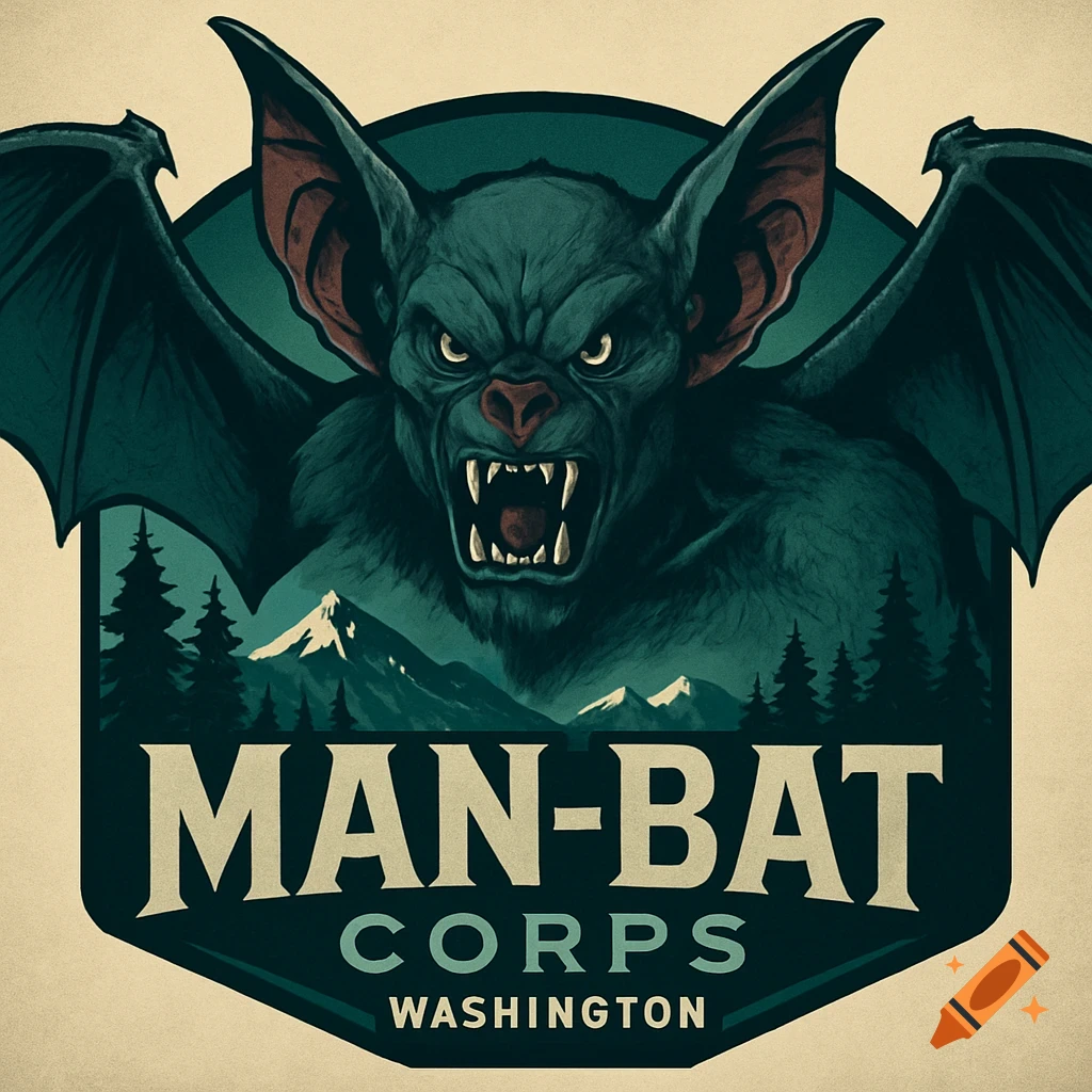 A stylized logo featuring a menacing Man-Bat creature over mountains and trees, with text 'MAN-BAT CORPS WASHINGTON'.